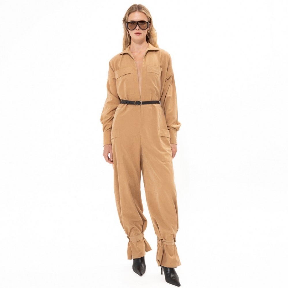 Vassia Kostara Tan Brown Utility Jumpsuit Zip Front Long Sleeve S/M Y2K Safari